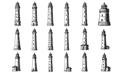 Fototapeta premium Vintage Lighthouses Vector Illustration: Monochrome Nautical Design Collection