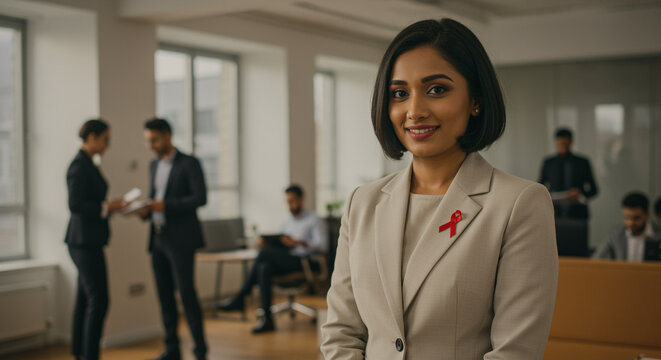 National Women and Girls HIV/AIDS Awareness Day Concept with Professional Businesswoman Wearing Red Ribbon at Workplace, Prevention, Support, Education and Empowerment