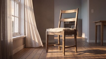 Fototapeta premium Sunlight streaming through a window onto a rustic wooden chair in an empty room