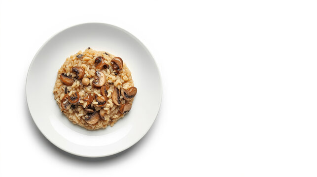 Piatto di risotto ai funghi champignon trifolati su sfondo bianco. Generative AI 