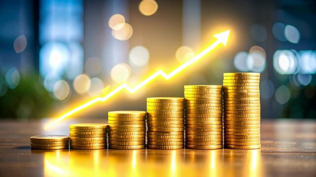 Golden coins stacked high in ascending order with a bright yellow upward arrow graph overlay