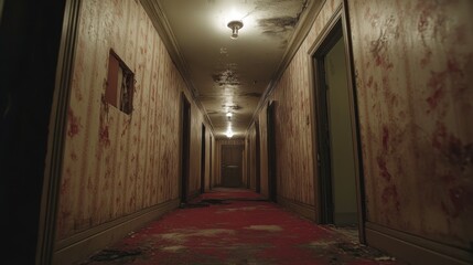 Creepy hotel hallway with bloodstains on the walls and a hole in the wallpaper