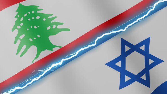 Two waving flags Lebanon and Israel with diagonal lightning seamless, 4k loop
