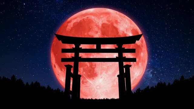 Silhouette Torii gate against a large red moon and starry night sky
