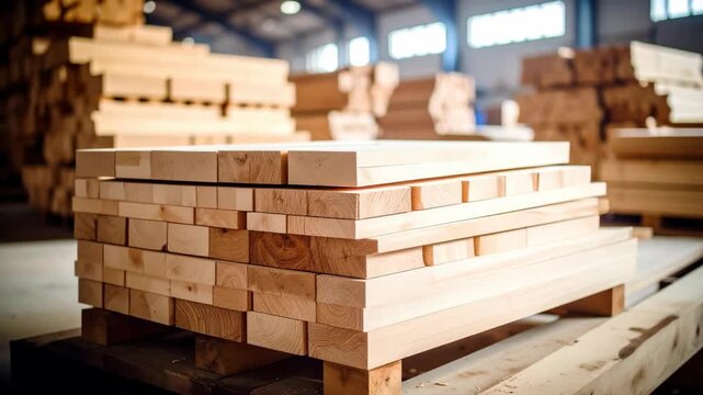 Stacks of processed lumber in a warehouse environment ready for construction or manufacturing