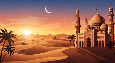 Majestic mosque in desert landscape at sunset with palm trees