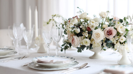 Fototapeta premium Elegant wedding table setting dinnerware and glassware with beautiful floral centerpiece for reception or special event