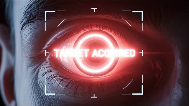 Target Acquired: Intrigue yourself with an eye in laser sights, the words Target Acquired in bold with a red glow, suggesting security or cybernetic advancement and innovation.