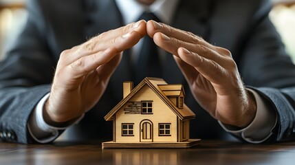 Hands above miniature wooden dwelling symbolize property protection and security services