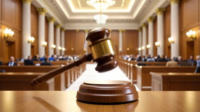 Courtroom gavel on a wooden table with judges and audience in background