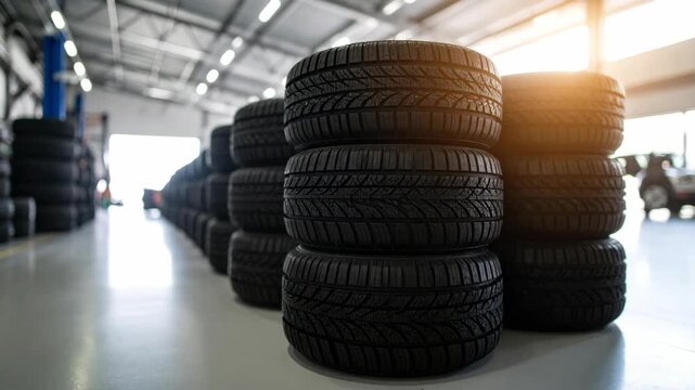 Stacks of black car tires arranged in a warehouse with bright sunlight illuminating the scene