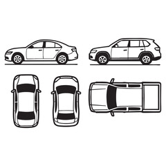 Vehicle Elevation & Top View Flat Vector Collection for Architecture