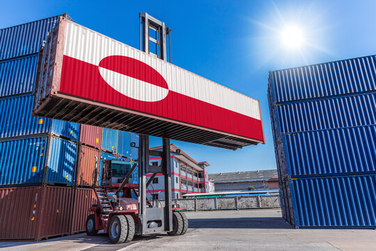 Products shipping cargo goods with Greenland flag for import export business from Nuuk Port, Sisimiut Greenland Country