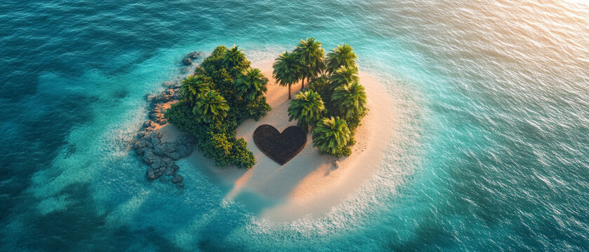 A tropical island with palm trees and a heart-shaped sandbar is ideal as a backdrop for romantic postcards or tourist presentations.