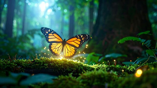 Magical monarch butterfly lands on mossy forest floor with glowing sparkles