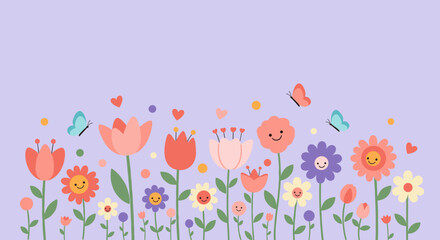 Whimsical garden of smiling flowers with faces in colors like pink, red, and purple with butterflies and hearts on a light lilac background.