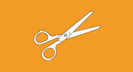 Simple line art drawing of a pair of open scissors against a solid bright orange background for minimalist craft or office illustration.