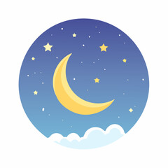Fototapeta premium Flat vector illustration of night sky with crescent moon and stars