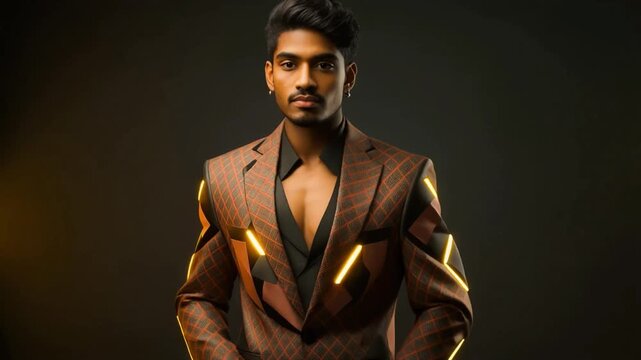 Full-body male model in angular patterned suit with glowing trims, dark studio backdrop, 4K loop, 2026