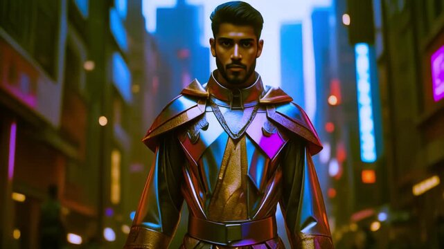 8K Digital Couture: Cinematic view of male model in AI-designed metallic tunic with ray-traced reflections and PBR textures