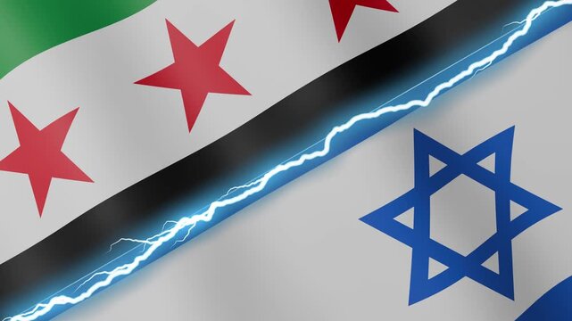 Two waving flags Syria and Israel with diagonal lightning seamless, 4k loop