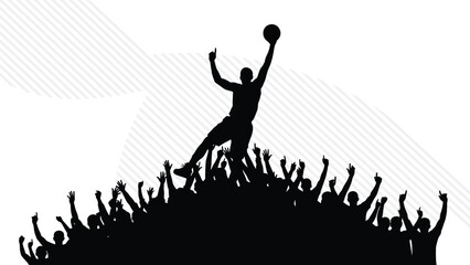 Silhouette of Basketball Player Jumping High Over Cheering Crowd of Fans for Sports Victory Championship Competition and Leadership Success Concept on White Background © Amamur