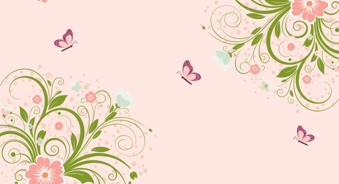 Elegant pink background featuring delicate floral scrollwork in the corners with flying butterflies and soft pastel flower petals and dots.