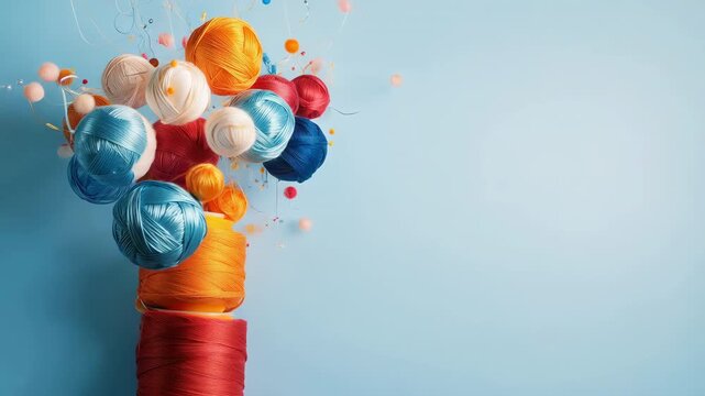 Colorful yarn balls burst upward from stacked thread spools on blue background with floating fibers