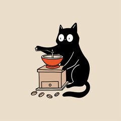 Black Cat With Coffee Grinder, Cute Minimal Hand Drawn Flat Vector