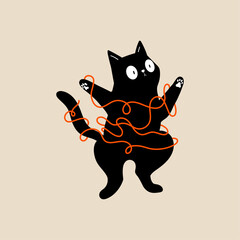 Playful Black Cat Wrapped In Yarn, Cute Minimal Hand Drawn Flat Vector