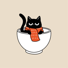 Cute Black Cat In Bowl With Scarf, Cozy Minimal Hand Drawn Flat Vector