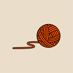 Orange Yarn Ball With Thread, Minimal Hand Drawn Flat Vector, Beige Background