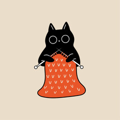 Cozy Black Cat Knitting With Needles And Yarn, Cute Minimal Flat Vector