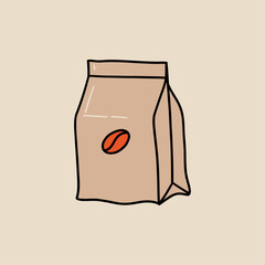 Coffee Beans Bag Packaging, Minimal Hand Drawn Flat Vector, Beige Background