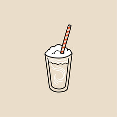 Iced Coffee In Glass With Straw, Minimal Hand Drawn Flat Vector