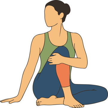 Flat vector illustration of a faceless woman practicing yoga in a Seated Spinal Twist pose (Ardha Matsyendrasana), wearing a green tank top and blue leggings.