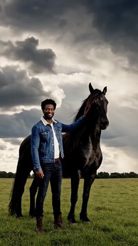 Man in denim jacket standing with black horse in open field