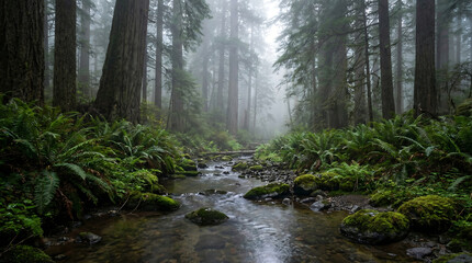 Fototapeta premium Misty Redwood Forest with Serene Mountain Stream and Lush Ferns