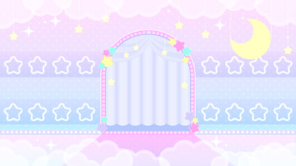 ファンタジーな夜空のカーテンステージ、星空と雲のキラキラ背景