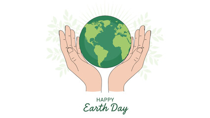 Fototapeta premium Human hands holding a green Earth globe with a halo and leaf background for Happy Earth Day and environmental awareness.