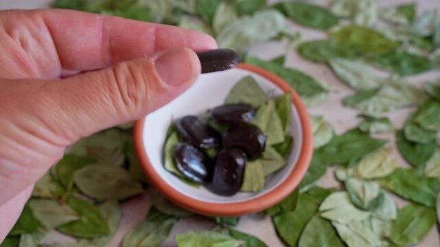 Close-up of a woman's hand showing a coca candy, with a background of coca leaves