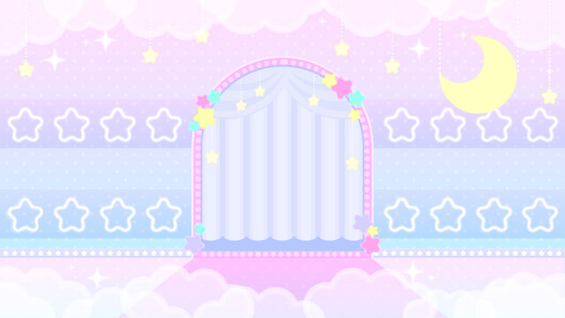 ファンタジーな夜空のカーテンステージ、星空と雲のキラキラ背景