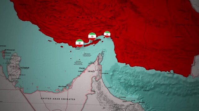 Motion Graphics Animation of Iranian Flag Markers Blockading Persian Gulf Entrance