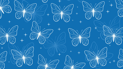 Fototapeta premium Beautiful seamless pattern of delicate white butterfly outlines and tiny stars scattered on a tranquil blue background for nature themes.