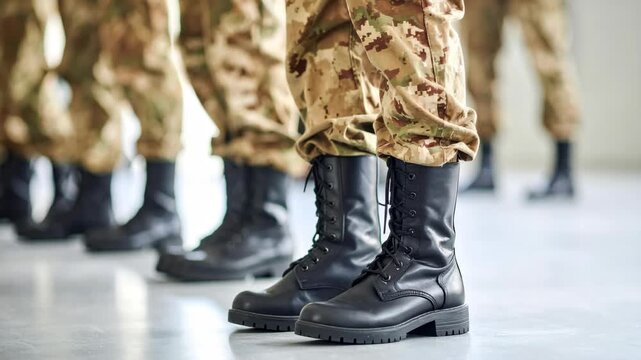 Soldiers in uniform and combat boots standing in a line