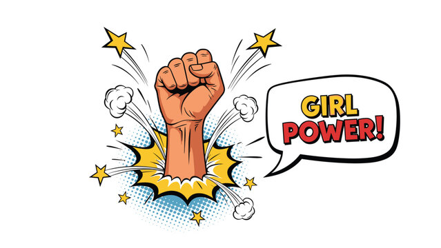 Empowering comic book style illustration featuring a strong raised fist and a speech bubble with the text girl power and colorful stars.