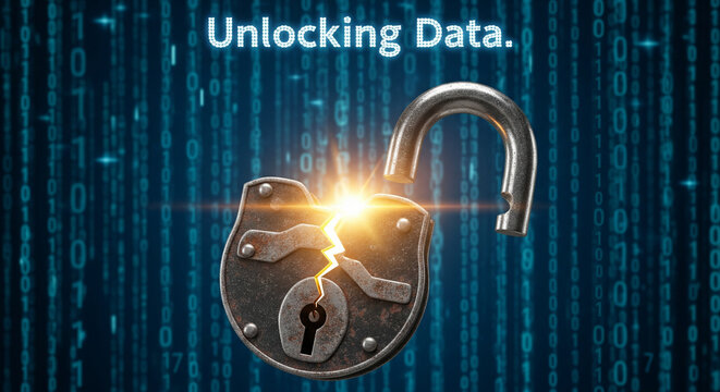A heavy iron padlock cracking open to reveal golden light against a binary code background, symbolizing data breaches, decryption, and unlocking value.