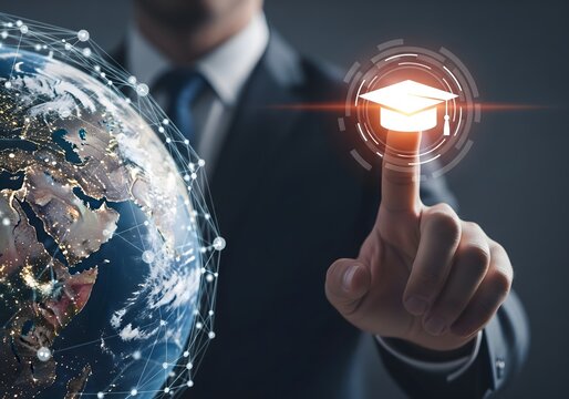 Business professional touching graduation cap icon over global map symbolizing digital education worldwide learning online training academic growth and international knowledge access