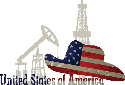Cowboy hat and American flag. Oil rigs and pumps.
