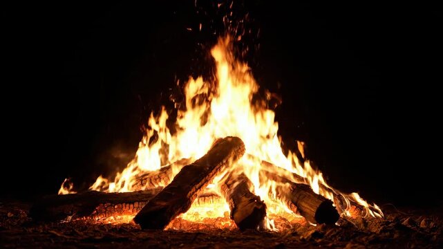 A campfire at night. Flames and sparks emanate from burning logs against a dark background